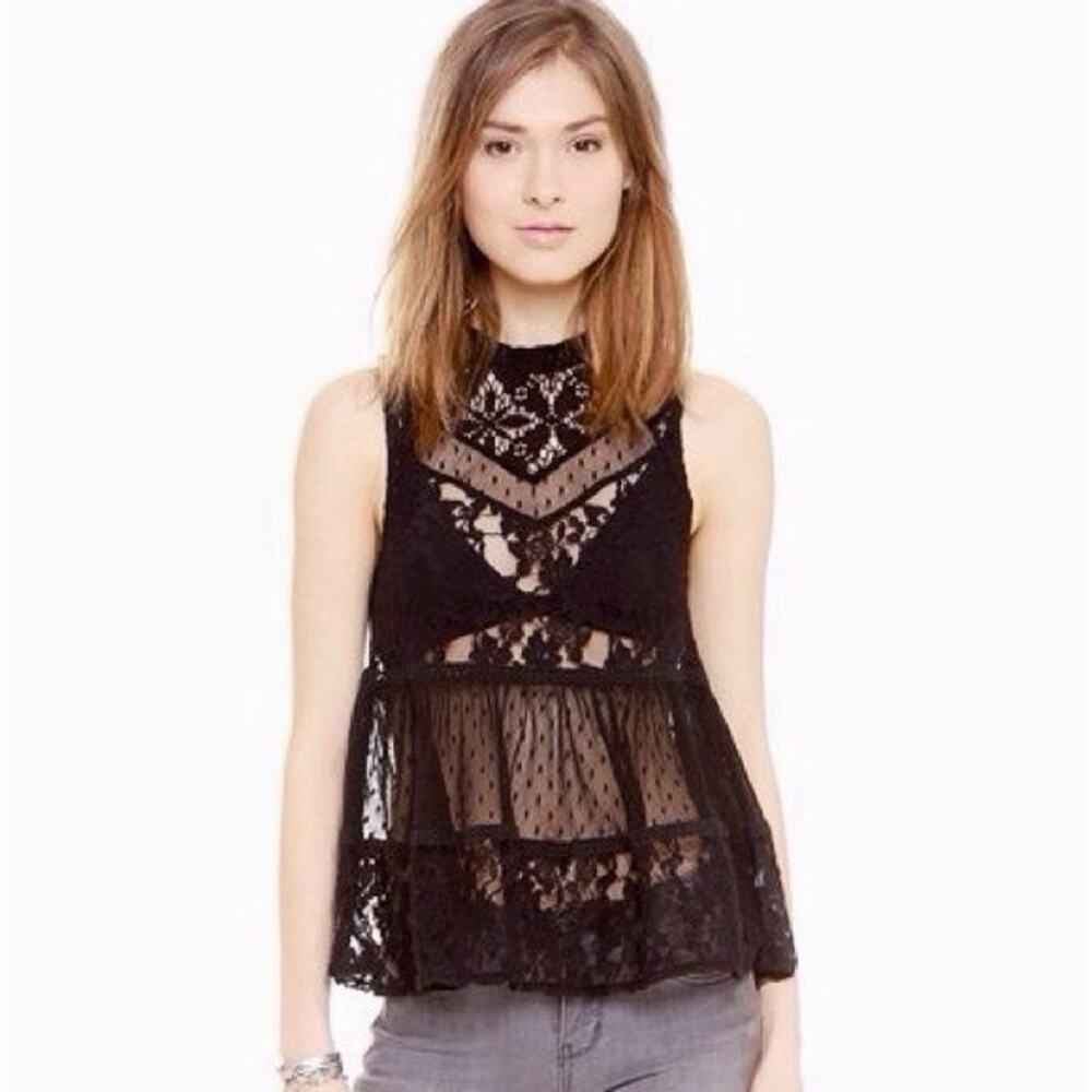Free People Ladybird Mixed Lace Blouse SHEER Size Small